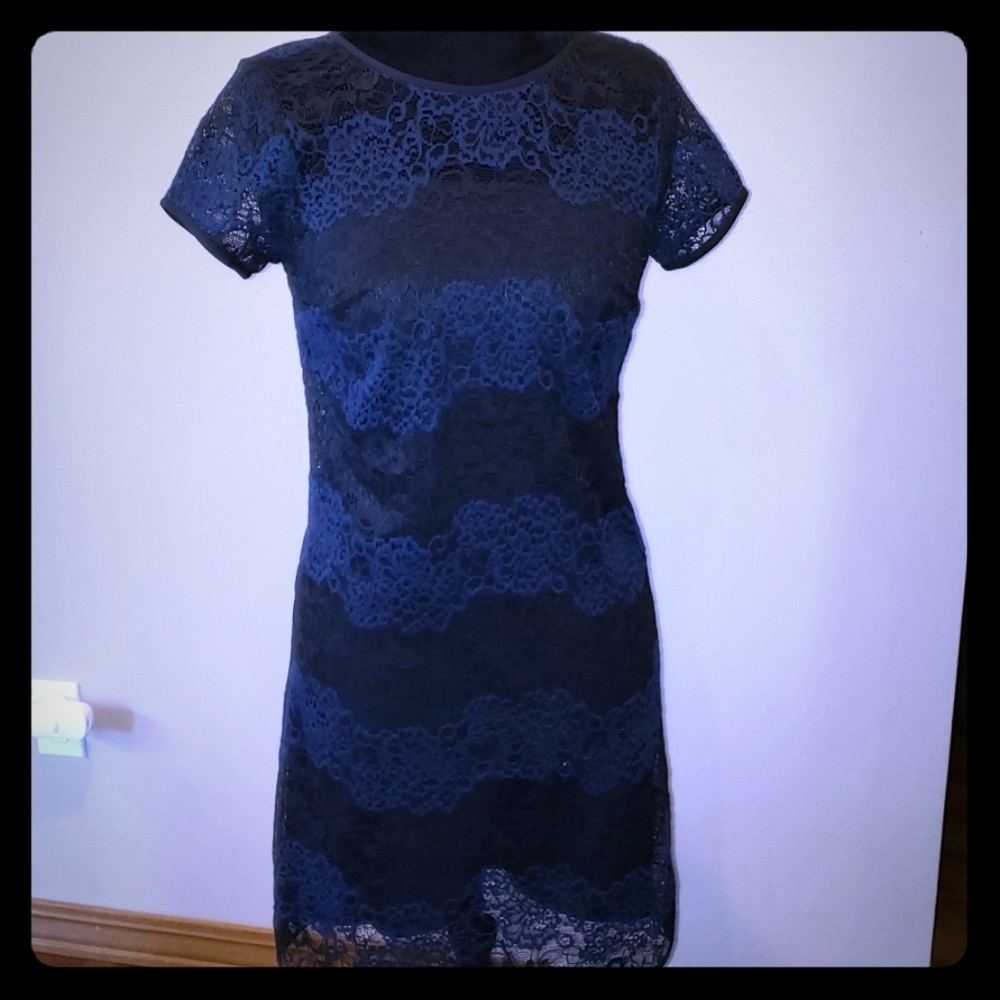 LOFT Navy and Black Lace Midi Dress